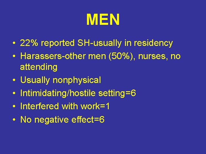 MEN • 22% reported SH-usually in residency • Harassers-other men (50%), nurses, no attending