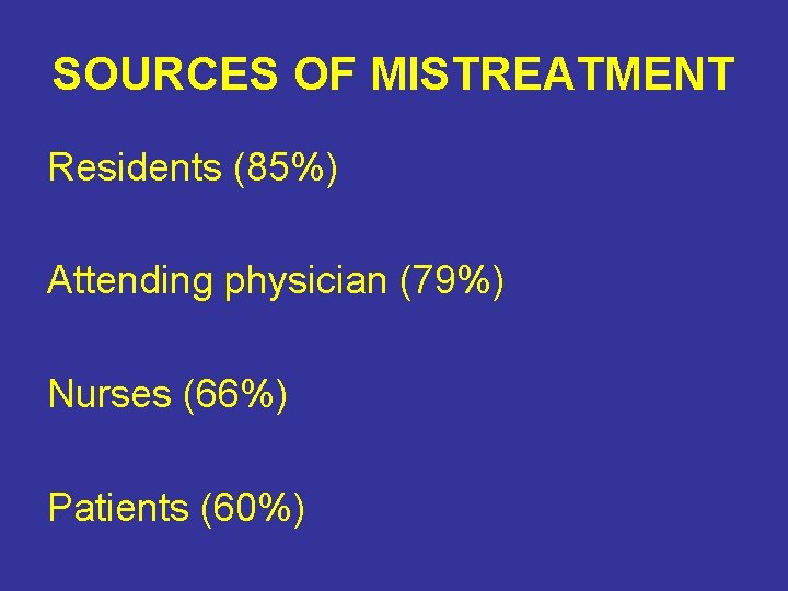 SOURCES OF MISTREATMENT Residents (85%) Attending physician (79%) Nurses (66%) Patients (60%) 