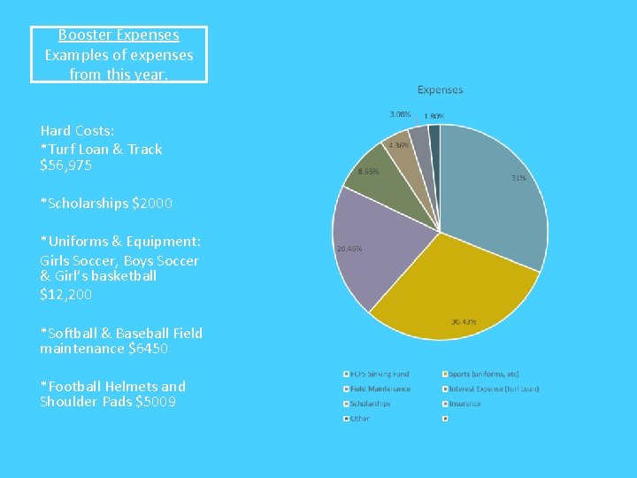 Booster Expenses Examples of expenses from this year. Hard Costs: *Turf Loan & Track Booster Expenses Examples of expenses from this year. Hard Costs: *Turf Loan & Track