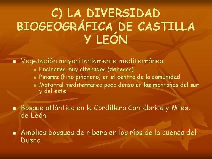 C) LA DIVERSIDAD BIOGEOGRÁFICA DE CASTILLA Y LEÓN n Vegetación mayoritariamente mediterránea n n