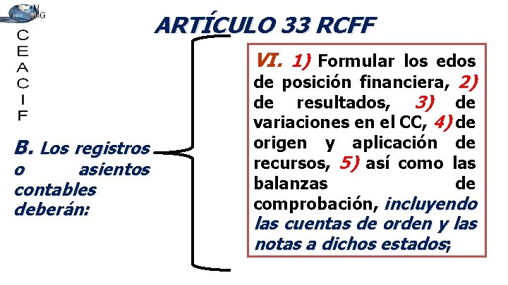 ARTÍCULO 33 RCFF VI. 1) Formular los edos B. Los registros o asientos contables
