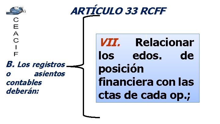 ARTÍCULO 33 RCFF VII. B. Los registros o asientos contables deberán: Relacionar los edos.
