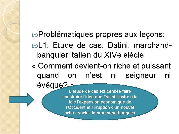  Problématiques propres aux leçons: L 1: Etude de cas: Datini, marchand- banquier italien