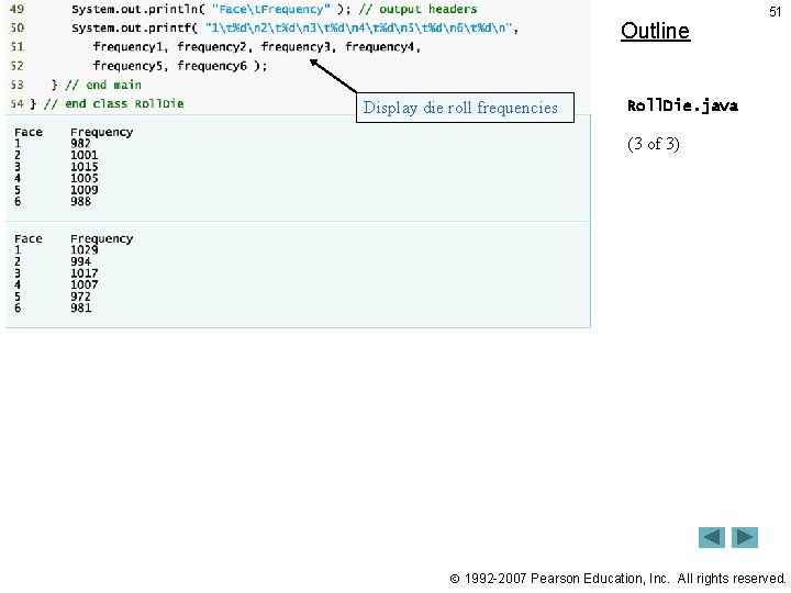 Outline Display die roll frequencies 51 Roll. Die. java (3 of 3) 1992 -2007