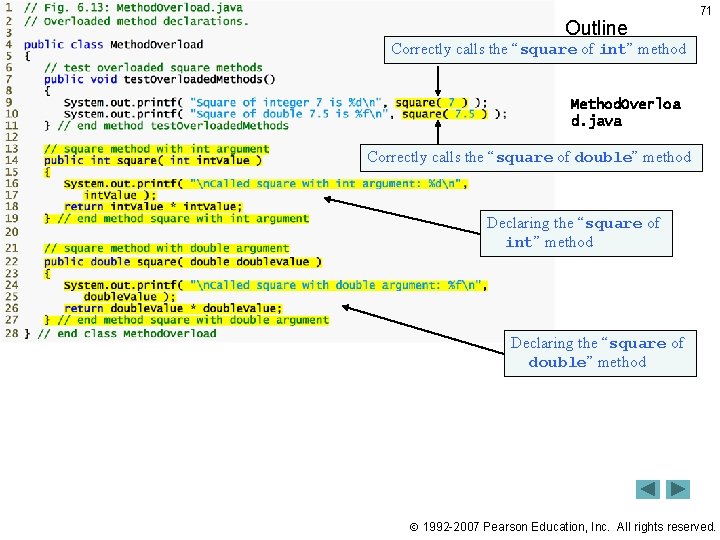 Outline 71 Correctly calls the “square of int” method Method. Overloa d. java Correctly