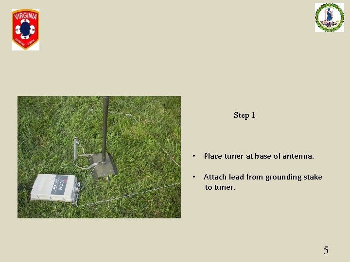 Step 1 • Place tuner at base of antenna. • Attach lead from grounding