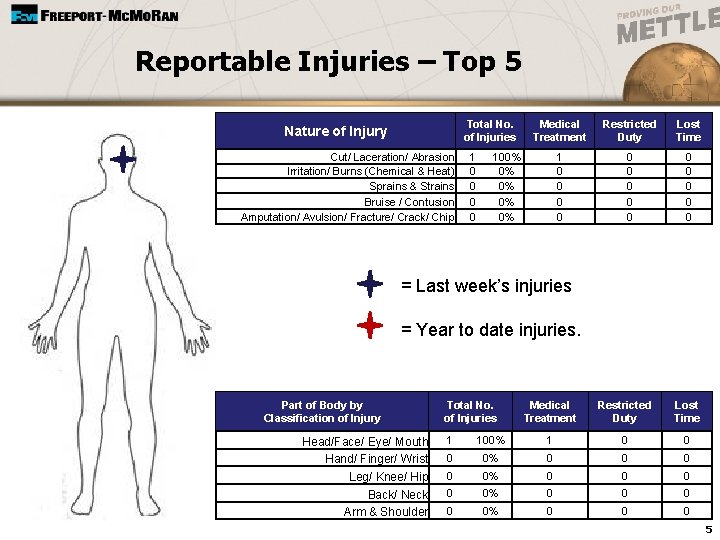 Reportable Injuries – Top 5 Total No. of Injuries Nature of Injury Cut/ Laceration/