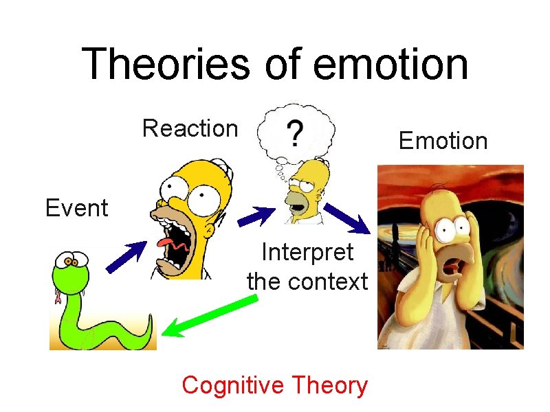 Theories of emotion Reaction Emotion Event Interpret the context Cognitive Theory 