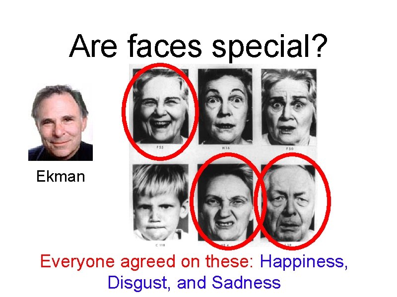 Are faces special? Ekman Everyone agreed on these: Happiness, Disgust, and Sadness 
