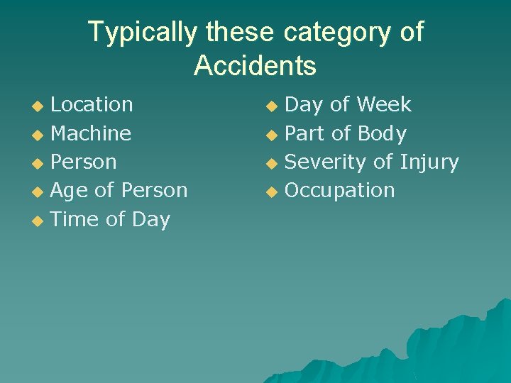 Typically these category of Accidents Location u Machine u Person u Age of Person
