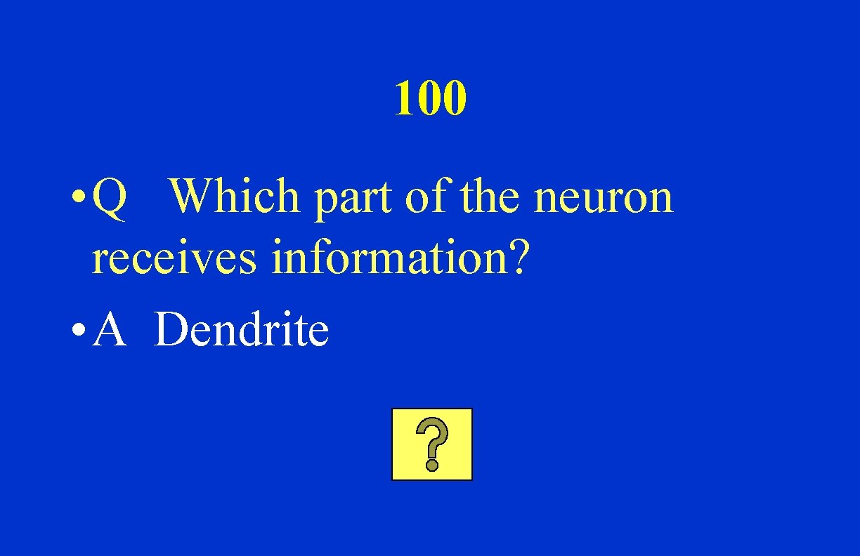 100 • Q Which part of the neuron receives information? • A Dendrite 