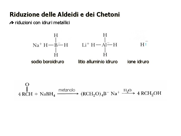 Riduzione delle Aldeidi e dei Chetoni riduzioni con idruri metallici sodio boroidruro metanolo litio Riduzione delle Aldeidi e dei Chetoni riduzioni con idruri metallici sodio boroidruro metanolo litio