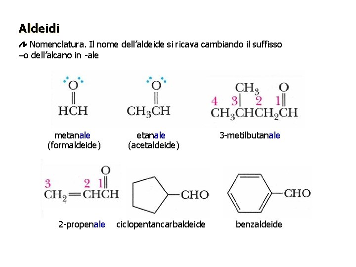Aldeidi Nomenclatura. Il nome dell’aldeide si ricava cambiando il suffisso –o dell’alcano in -ale Aldeidi Nomenclatura. Il nome dell’aldeide si ricava cambiando il suffisso –o dell’alcano in -ale