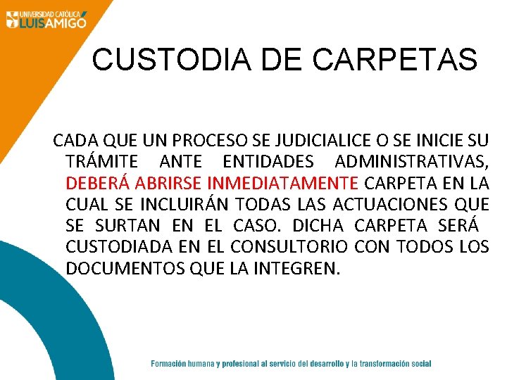 CUSTODIA DE CARPETAS CADA QUE UN PROCESO SE JUDICIALICE O SE INICIE SU TRÁMITE