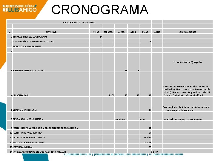 CRONOGRAMA DE ACTIVIDADES No. ACTIVIDAD ENERO FEBRERO MARZO ABRIL MAYO JUNIO 1 INICIO ACTIVIDADES