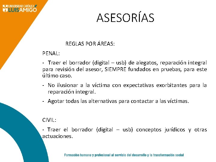 ASESORÍAS REGLAS POR ÁREAS: PENAL: - Traer el borrador (digital – usb) de alegatos,