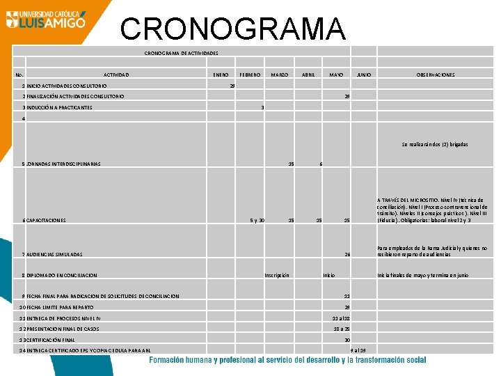 CRONOGRAMA DE ACTIVIDADES No. ACTIVIDAD ENERO FEBRERO MARZO ABRIL MAYO JUNIO 1 INICIO ACTIVIDADES