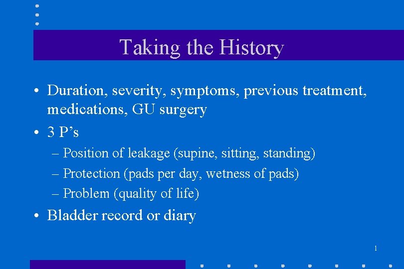 Taking the History • Duration, severity, symptoms, previous treatment, medications, GU surgery • 3