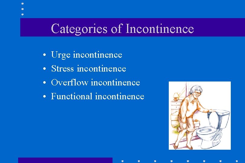 Categories of Incontinence • • Urge incontinence Stress incontinence Overflow incontinence Functional incontinence 