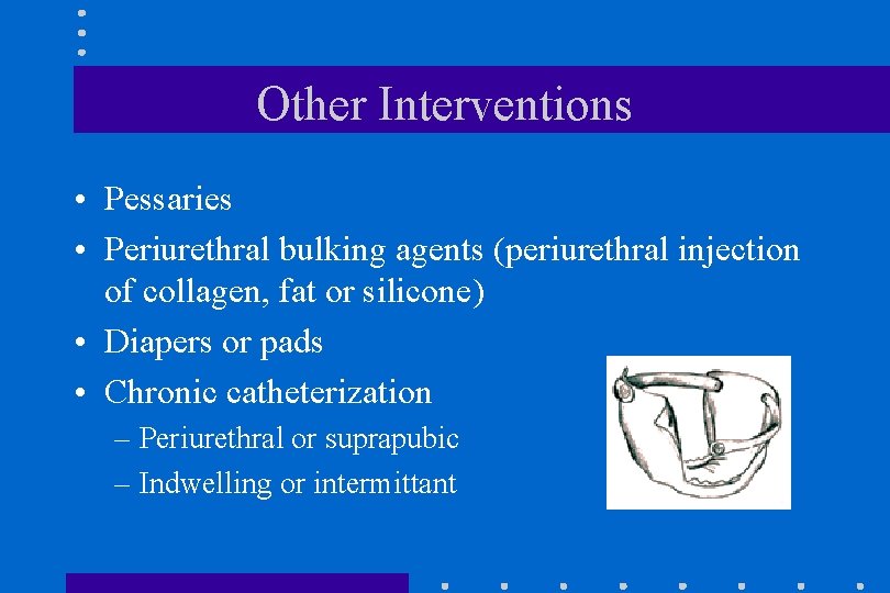 Other Interventions • Pessaries • Periurethral bulking agents (periurethral injection of collagen, fat or