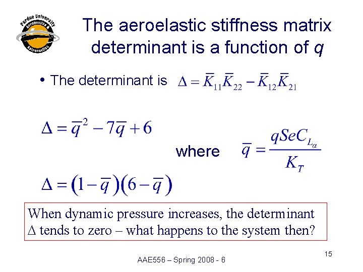 The aeroelastic stiffness matrix determinant is a function of q i The determinant is