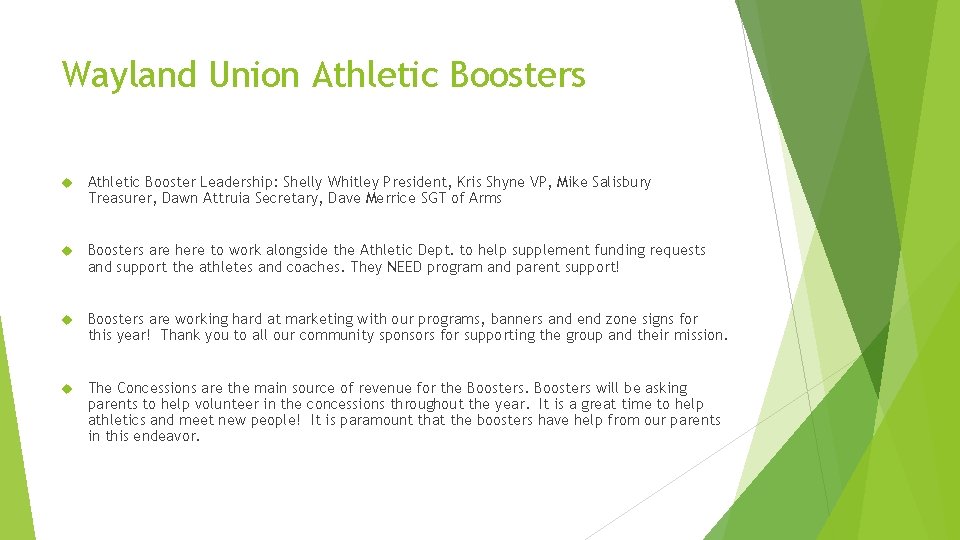 Wayland Union Athletic Boosters Athletic Booster Leadership: Shelly Whitley President, Kris Shyne VP, Mike Wayland Union Athletic Boosters Athletic Booster Leadership: Shelly Whitley President, Kris Shyne VP, Mike