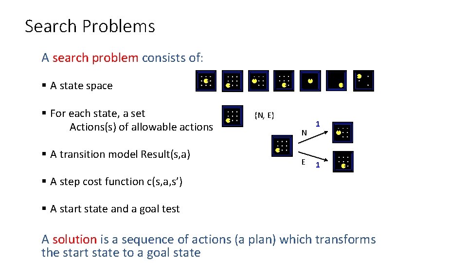 Search Problems A search problem consists of: § A state space § For each