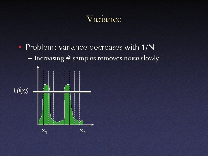 Variance • Problem: variance decreases with 1/N – Increasing # samples removes noise slowly