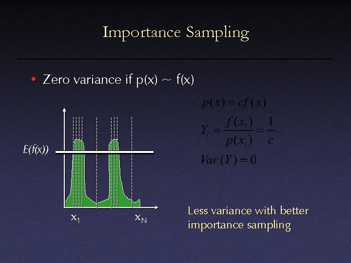 Importance Sampling • Zero variance if p(x) ~ f(x) E(f(x)) x 1 x. N