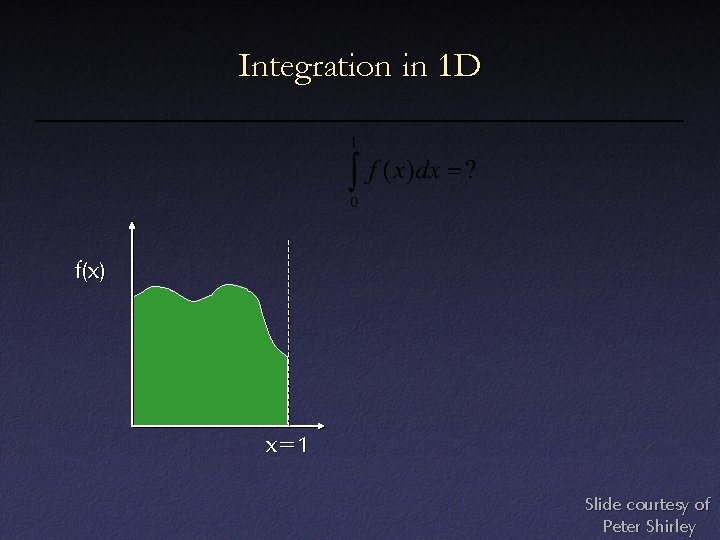 Integration in 1 D f(x) x=1 Slide courtesy of Peter Shirley Integration in 1 D f(x) x=1 Slide courtesy of Peter Shirley