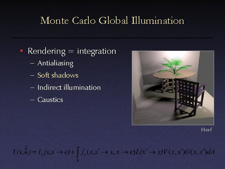Monte Carlo Global Illumination • Rendering = integration – Antialiasing – Soft shadows – Monte Carlo Global Illumination • Rendering = integration – Antialiasing – Soft shadows –