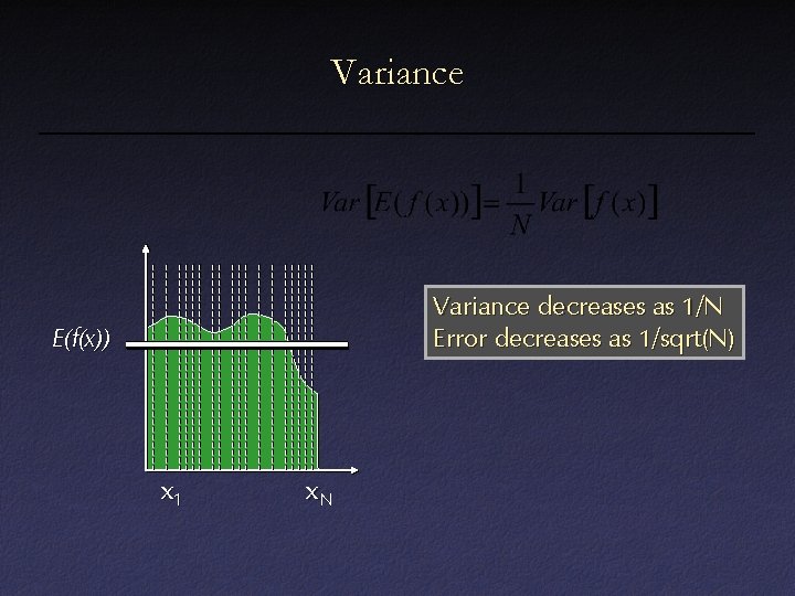 Variance decreases as 1/N Error decreases as 1/sqrt(N) E(f(x)) x 1 x. N 