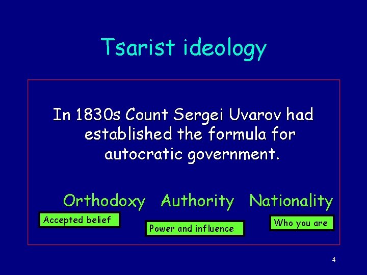 Tsarist ideology In 1830 s Count Sergei Uvarov had established the formula for autocratic