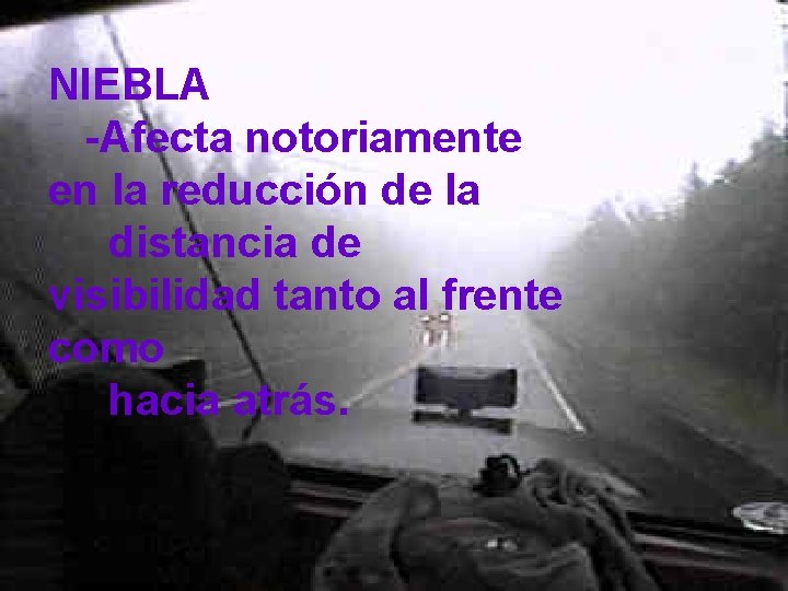 NIEBLA -Afecta notoriamente en la reducción de la distancia de visibilidad tanto al frente