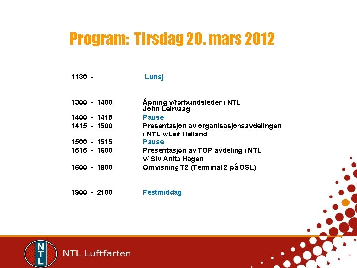 Program: Tirsdag 20. mars 2012 1130 - Lunsj 1300 - 1400 1600 - 1800