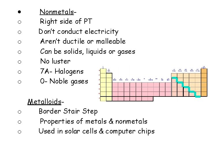 · Nonmetalso o Right side of PT Don’t conduct electricity Aren’t ductile or malleable