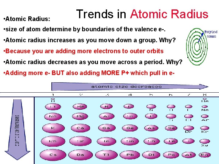  Trends in Atomic Radius • Atomic Radius: • size of atom determine by