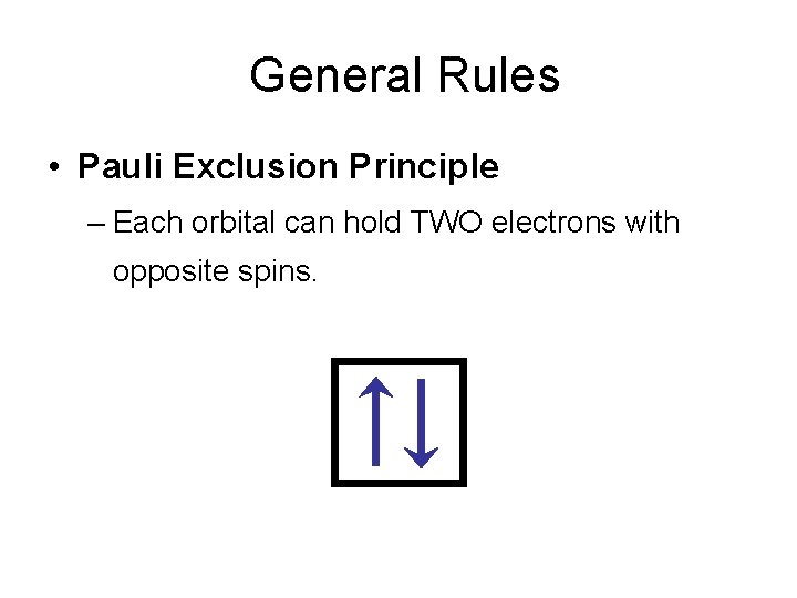  General Rules • Pauli Exclusion Principle – Each orbital can hold TWO electrons