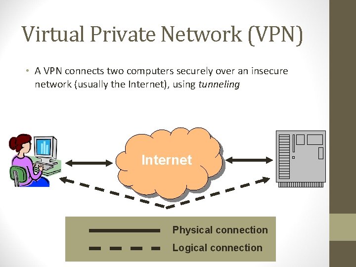 Virtual Private Network (VPN) • A VPN connects two computers securely over an insecure