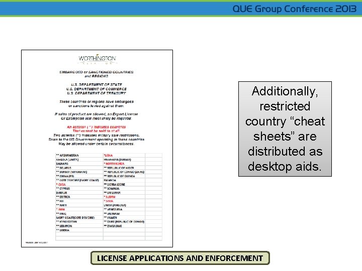 Additionally, restricted country “cheat sheets” are distributed as desktop aids. LICENSE APPLICATIONS AND ENFORCEMENT