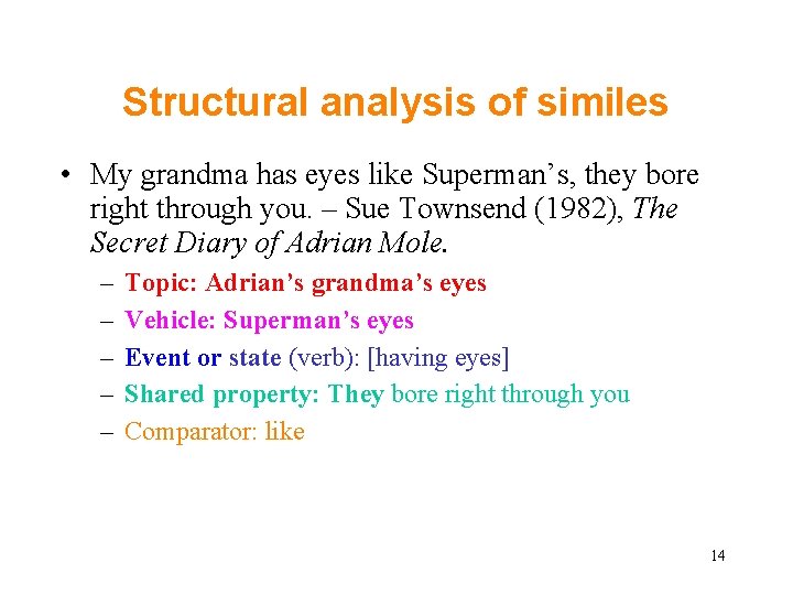Structural analysis of similes • My grandma has eyes like Superman’s, they bore right Structural analysis of similes • My grandma has eyes like Superman’s, they bore right