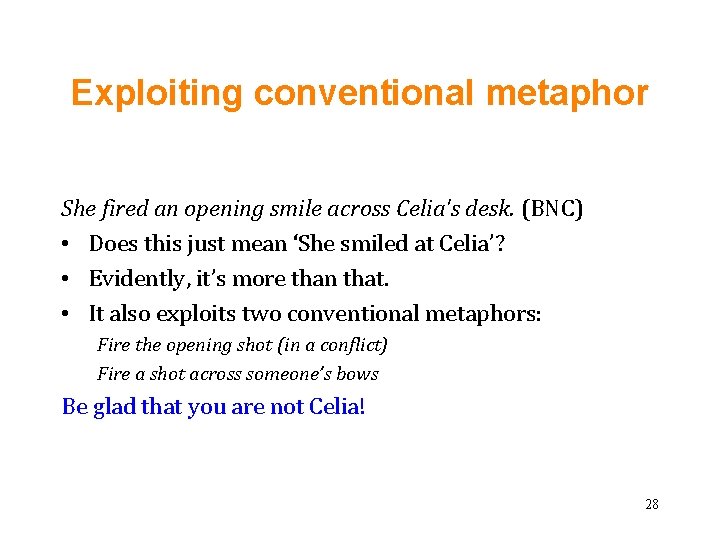 Exploiting conventional metaphor She fired an opening smile across Celia's desk. (BNC) • Does Exploiting conventional metaphor She fired an opening smile across Celia's desk. (BNC) • Does