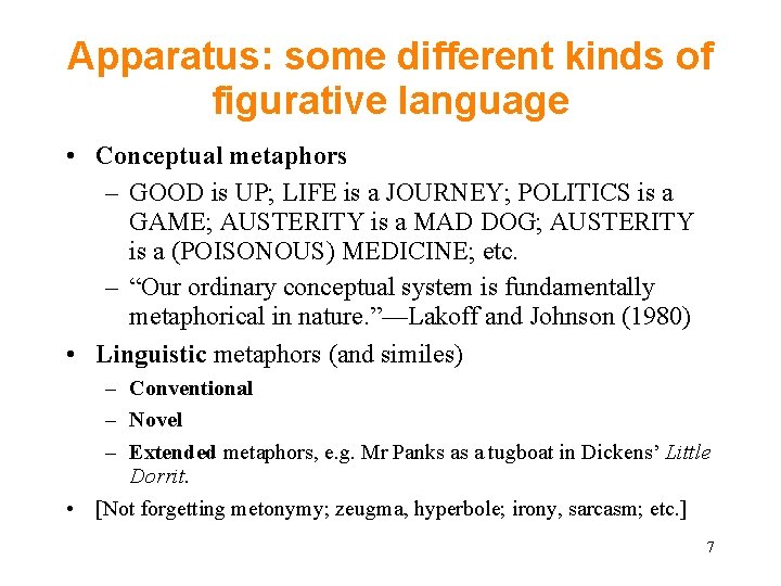 Apparatus: some different kinds of figurative language • Conceptual metaphors – GOOD is UP; Apparatus: some different kinds of figurative language • Conceptual metaphors – GOOD is UP;