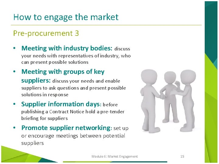 How to engage the market Pre-procurement 3 • Meeting with industry bodies: discuss your