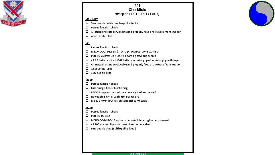 201 Checklists Weapons PCC / PCI (1 of 3) M 9 / M 17