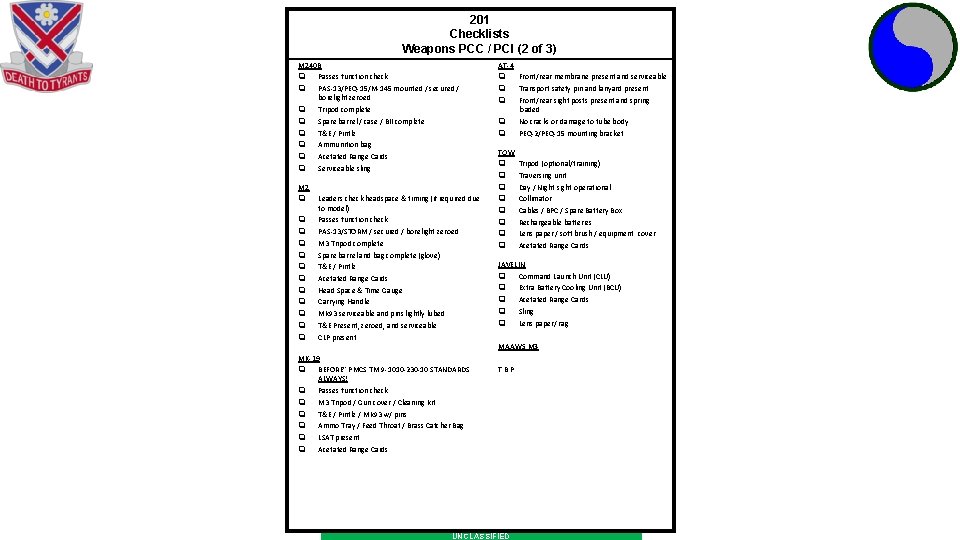 201 Checklists Weapons PCC / PCI (2 of 3) M 240 B q Passes