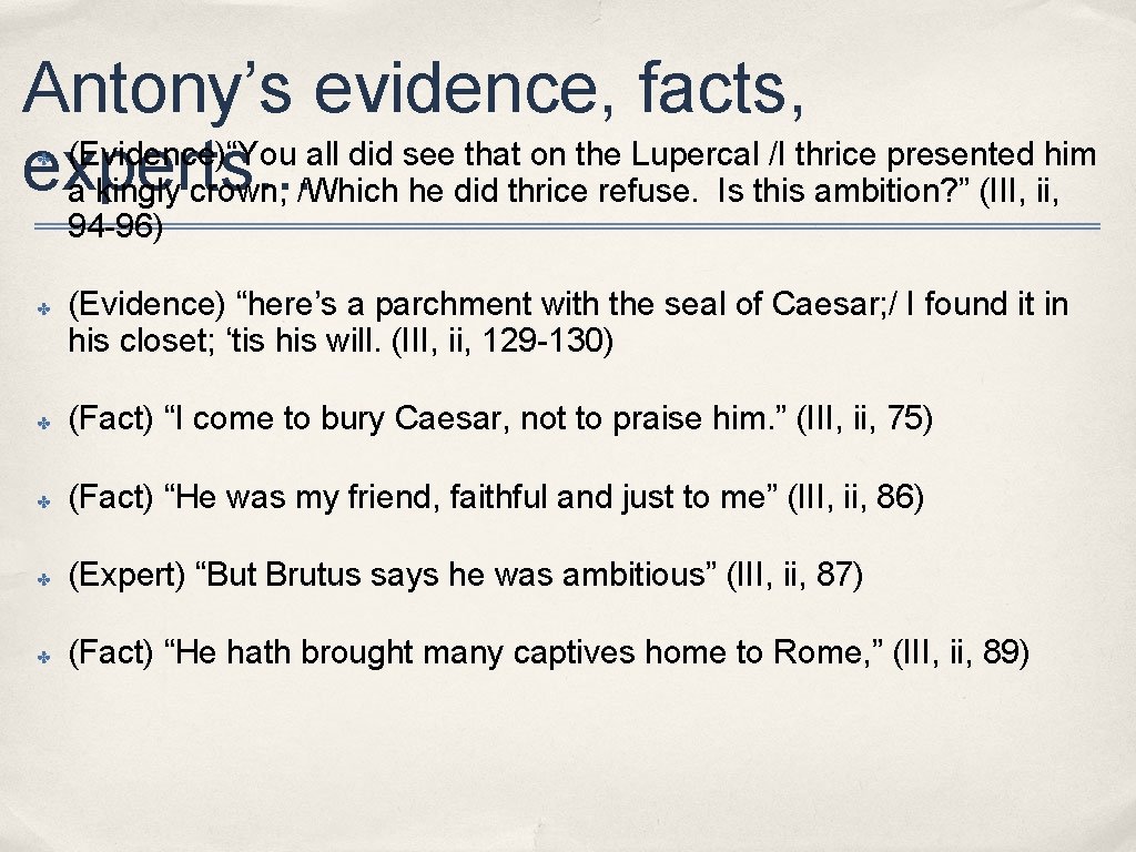 Antony’s evidence, facts, (Evidence)“You all did see that on the Lupercal /I thrice presented