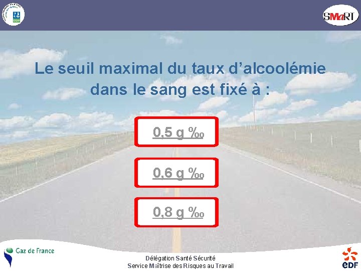 Le seuil maximal du taux d’alcoolémie dans le sang est fixé à : 0,