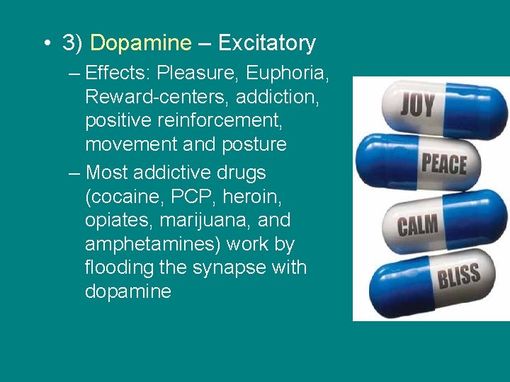  • 3) Dopamine – Excitatory – Effects: Pleasure, Euphoria, Reward-centers, addiction, positive reinforcement,