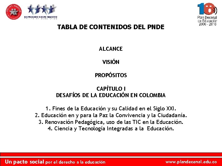 TABLA DE CONTENIDOS DEL PNDE ALCANCE VISIÓN PROPÓSITOS CAPÍTULO I DESAFÍOS DE LA EDUCACIÓN